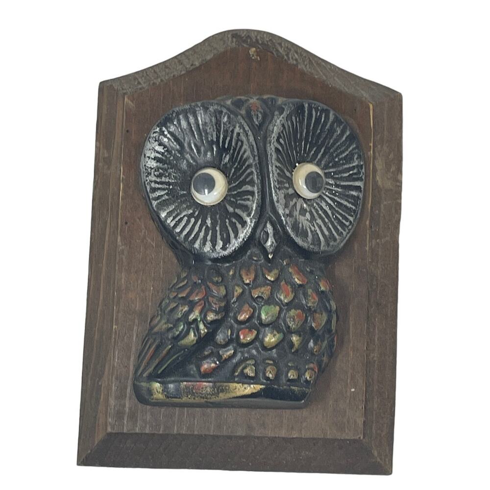 Vintage MCM Owl Wood Wall Decor ~Brown & Gold 3D W/ Googly Eyes